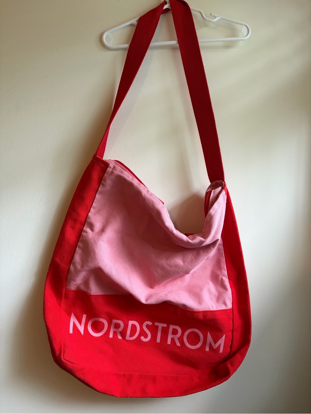 Nordstrom Beauty Red Pink Canvas Tote Bag “15 Zippered Top Double Straps